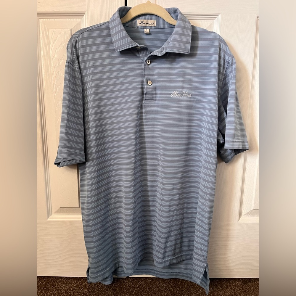 Peter Millar polo in grey/blue stripe - LARGE